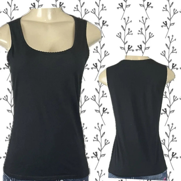 Talbots Petite S Black Scoop Neck Scalloped Trim Cotton Blend Tank Top - Picture 1 of 6